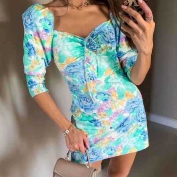 ZARA Floral Off Shoulder Floral Gathered  Mini Dress - Picture 2 of 7